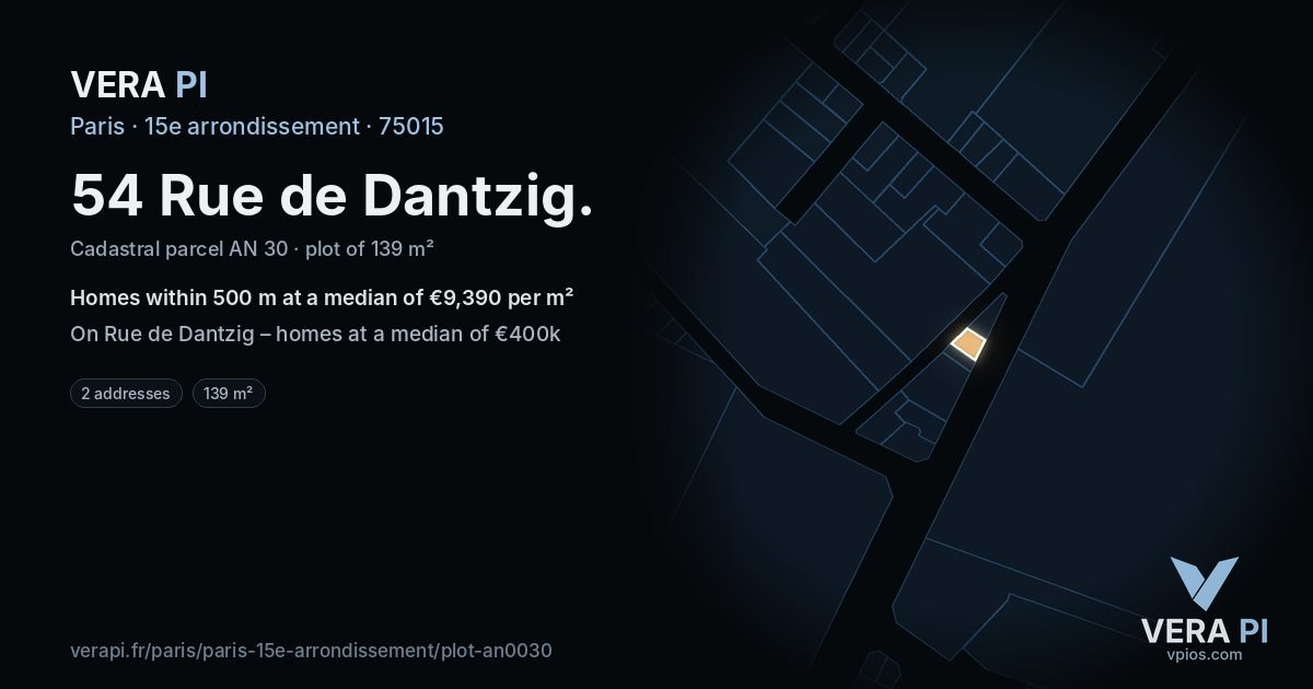 54 Rue de Dantzig, 15e arrondissement at night – the plot lit, the parcels around coloured by the prices near them