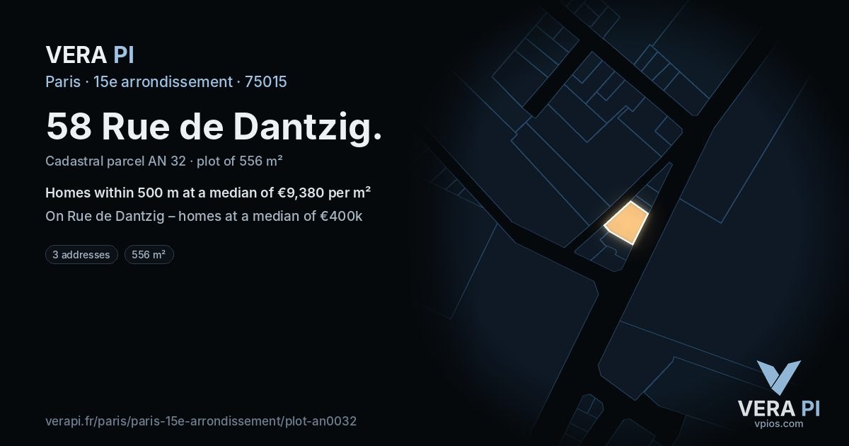 58 Rue de Dantzig, 15e arrondissement at night – the plot lit, the parcels around coloured by the prices near them