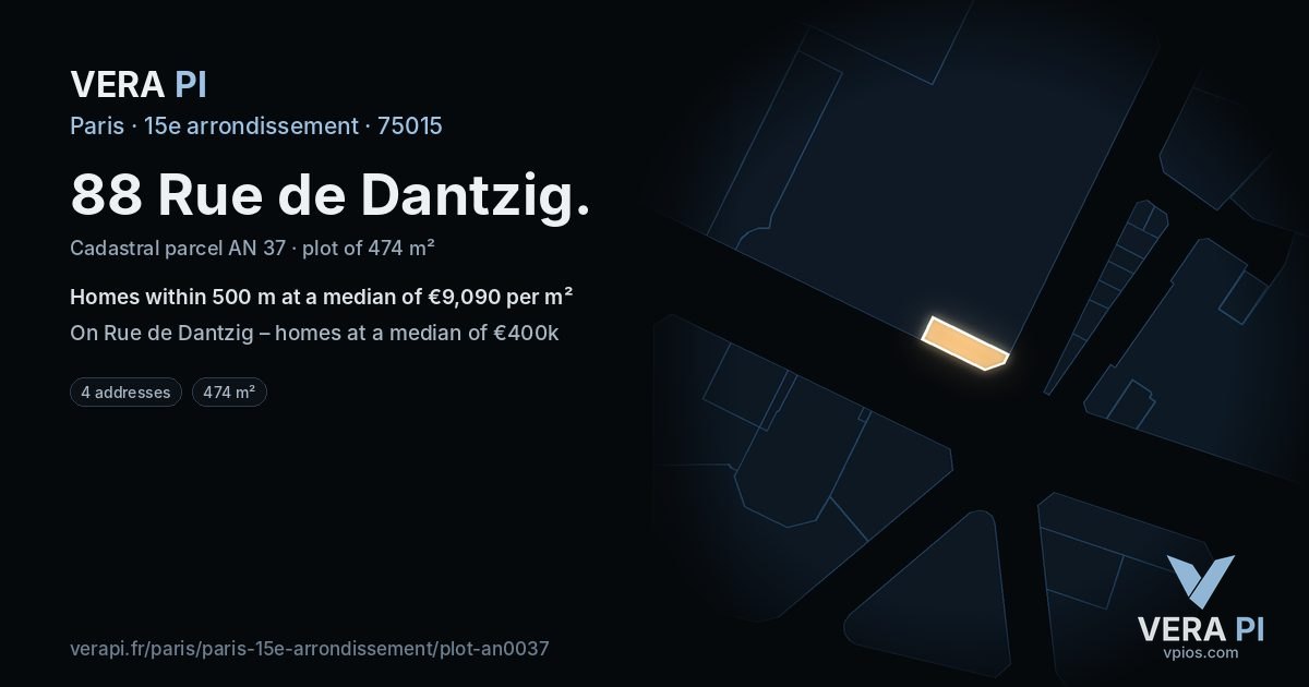 88 Rue de Dantzig, 15e arrondissement at night – the plot lit, the parcels around coloured by the prices near them