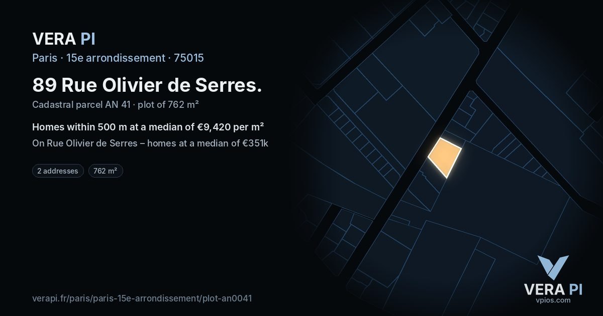 89 Rue Olivier de Serres, 15e arrondissement at night – the plot lit, the parcels around coloured by the prices near them