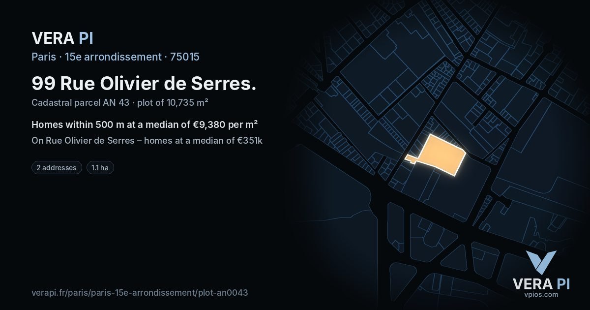 99 Rue Olivier de Serres, 15e arrondissement at night – the plot lit, the parcels around coloured by the prices near them