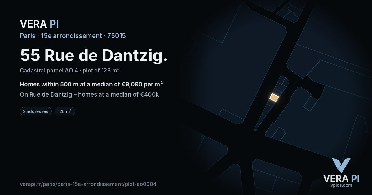 55 Rue de Dantzig, 15e arrondissement at night – the plot lit, the parcels around coloured by the prices near them