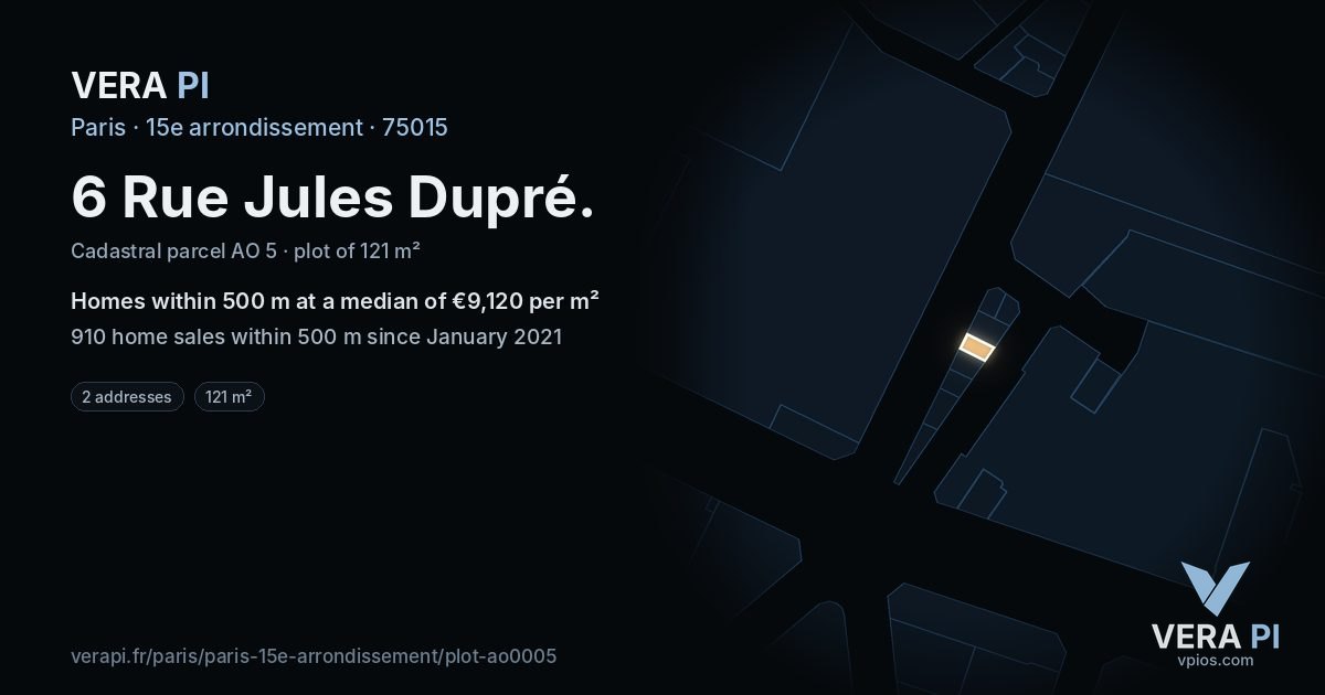 6 Rue Jules Dupré, 15e arrondissement at night – the plot lit, the parcels around coloured by the prices near them