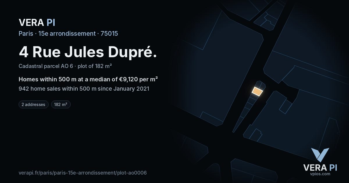 4 Rue Jules Dupré, 15e arrondissement at night – the plot lit, the parcels around coloured by the prices near them
