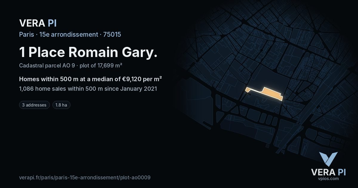 1 Place Romain Gary, 15e arrondissement at night – the plot lit, the parcels around coloured by the prices near them