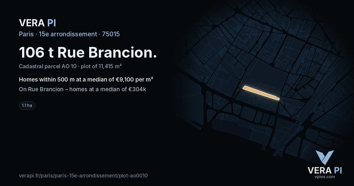 106 t Rue Brancion, 15e arrondissement at night – the plot lit, the parcels around coloured by the prices near them