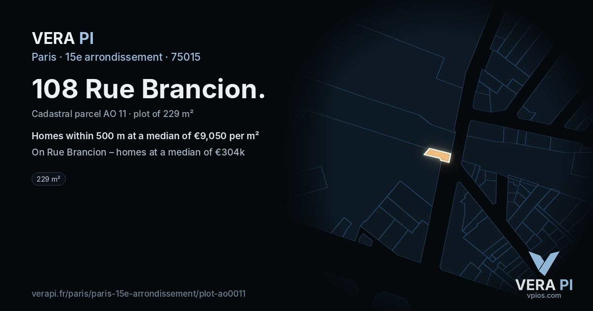 108 Rue Brancion, 15e arrondissement at night – the plot lit, the parcels around coloured by the prices near them