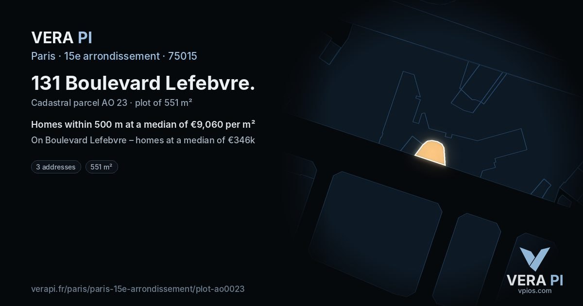 131 Boulevard Lefebvre, 15e arrondissement at night – the plot lit, the parcels around coloured by the prices near them