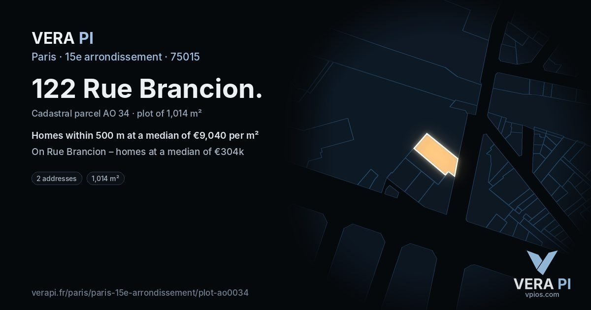 122 Rue Brancion, 15e arrondissement at night – the plot lit, the parcels around coloured by the prices near them
