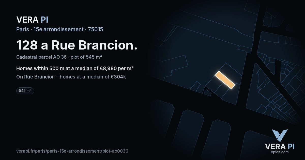 128 a Rue Brancion, 15e arrondissement at night – the plot lit, the parcels around coloured by the prices near them