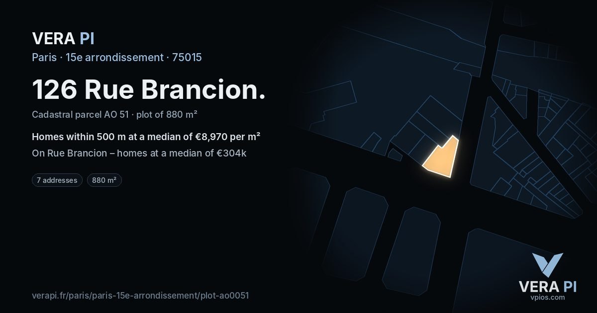 126 Rue Brancion, 15e arrondissement at night – the plot lit, the parcels around coloured by the prices near them