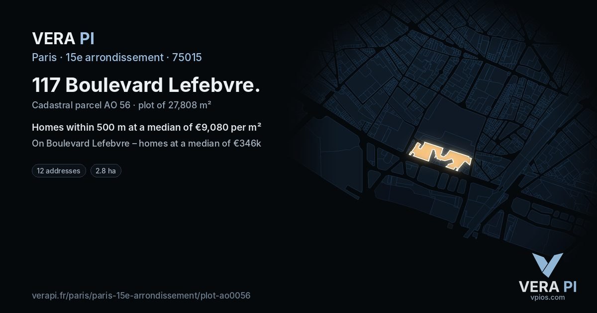 117 Boulevard Lefebvre, 15e arrondissement at night – the plot lit, the parcels around coloured by the prices near them