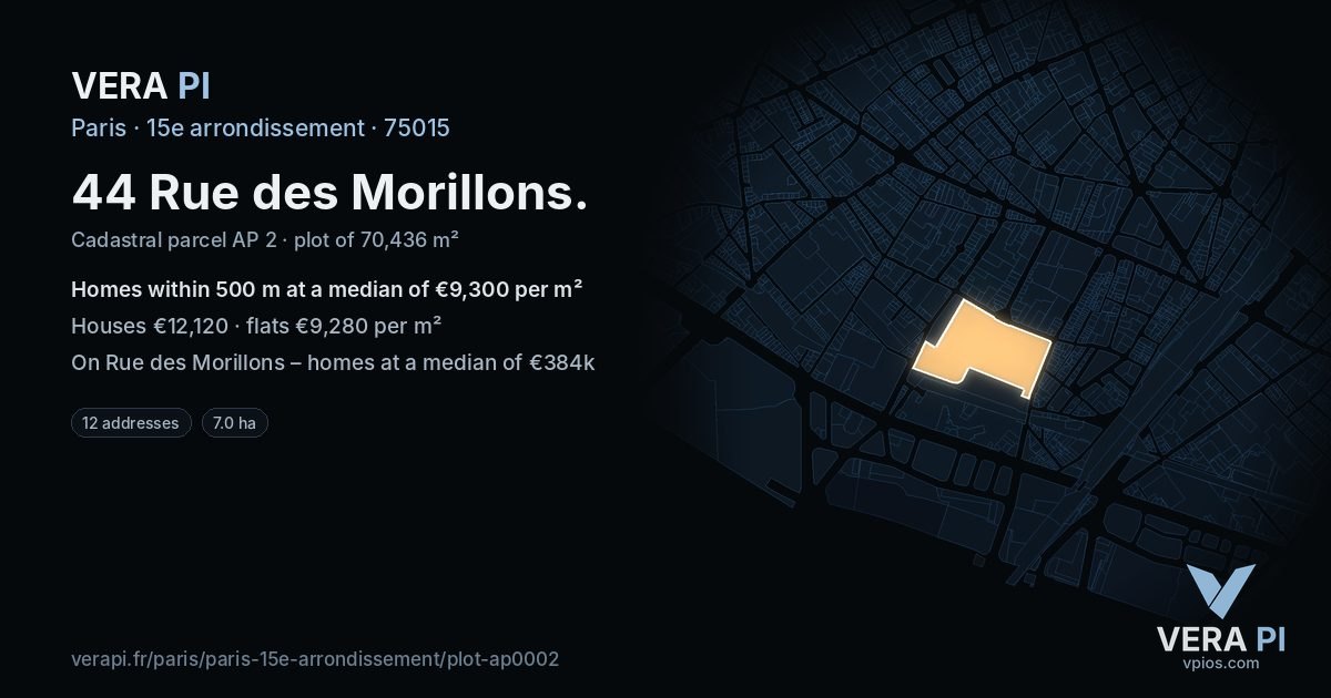 44 Rue des Morillons, 15e arrondissement at night – the plot lit, the parcels around coloured by the prices near them