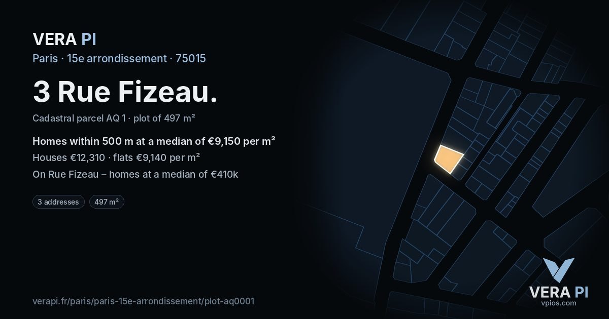 3 Rue Fizeau, 15e arrondissement at night – the plot lit, the parcels around coloured by the prices near them