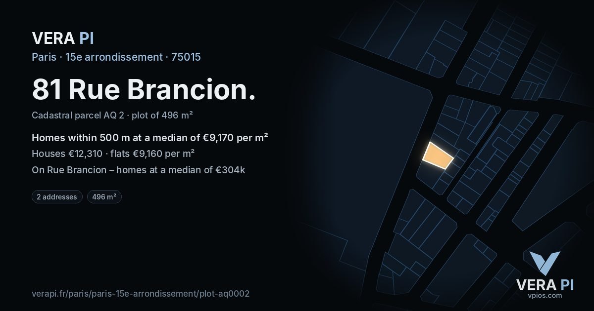 81 Rue Brancion, 15e arrondissement at night – the plot lit, the parcels around coloured by the prices near them