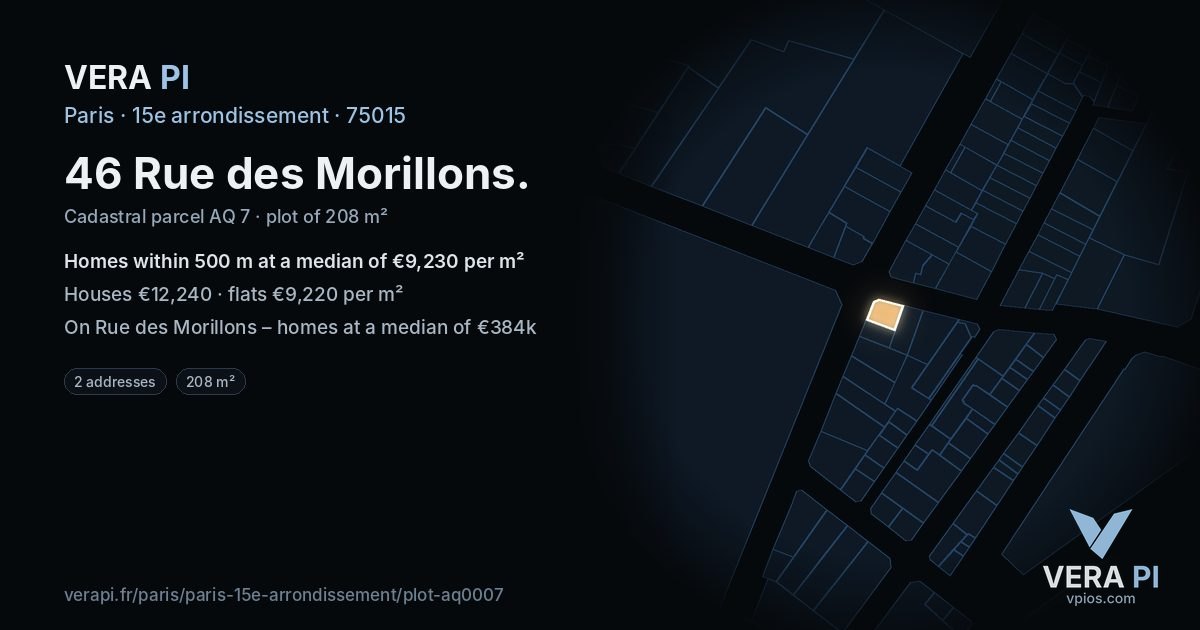 46 Rue des Morillons, 15e arrondissement at night – the plot lit, the parcels around coloured by the prices near them