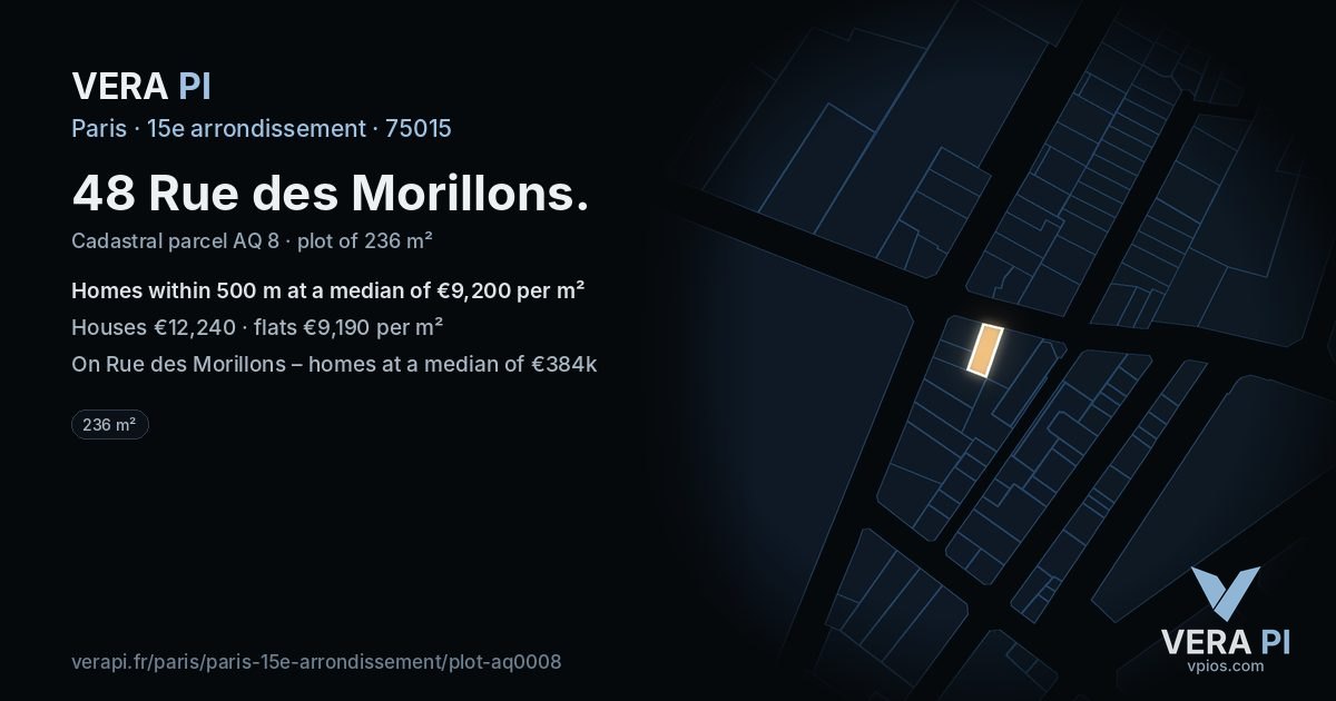 48 Rue des Morillons, 15e arrondissement at night – the plot lit, the parcels around coloured by the prices near them