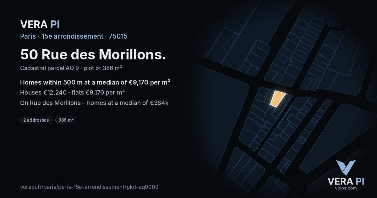 50 Rue des Morillons, 15e arrondissement at night – the plot lit, the parcels around coloured by the prices near them