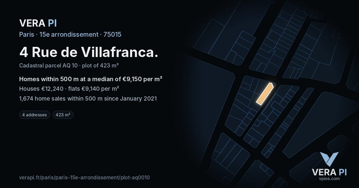4 Rue de Villafranca, 15e arrondissement at night – the plot lit, the parcels around coloured by the prices near them