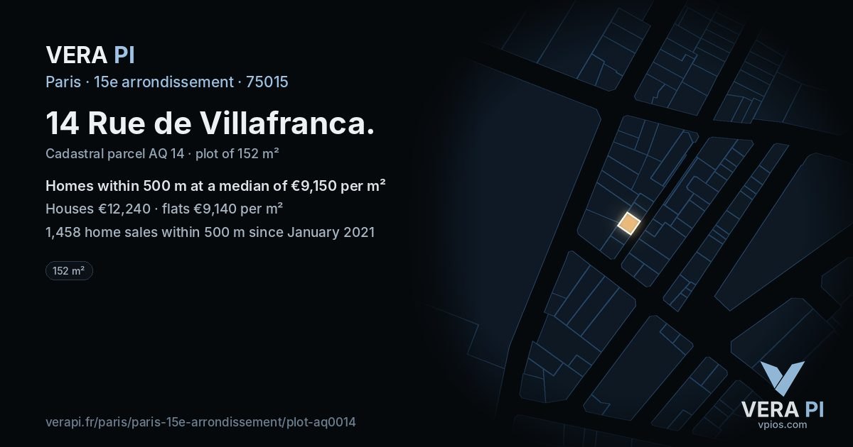 14 Rue de Villafranca, 15e arrondissement at night – the plot lit, the parcels around coloured by the prices near them