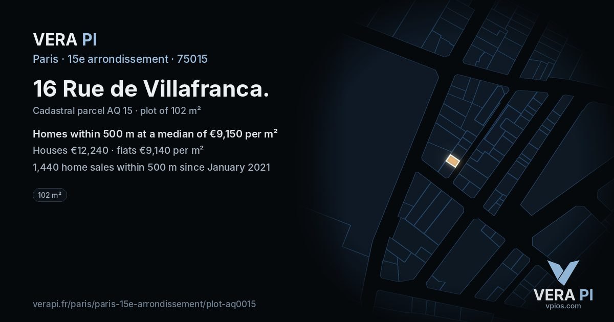 16 Rue de Villafranca, 15e arrondissement at night – the plot lit, the parcels around coloured by the prices near them