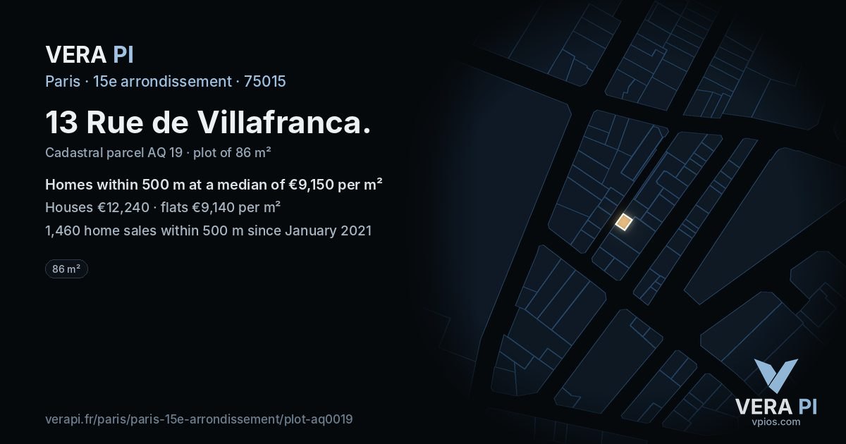 13 Rue de Villafranca, 15e arrondissement at night – the plot lit, the parcels around coloured by the prices near them