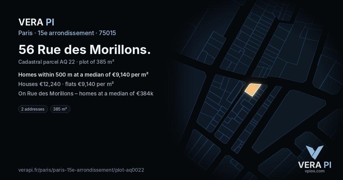 56 Rue des Morillons, 15e arrondissement at night – the plot lit, the parcels around coloured by the prices near them