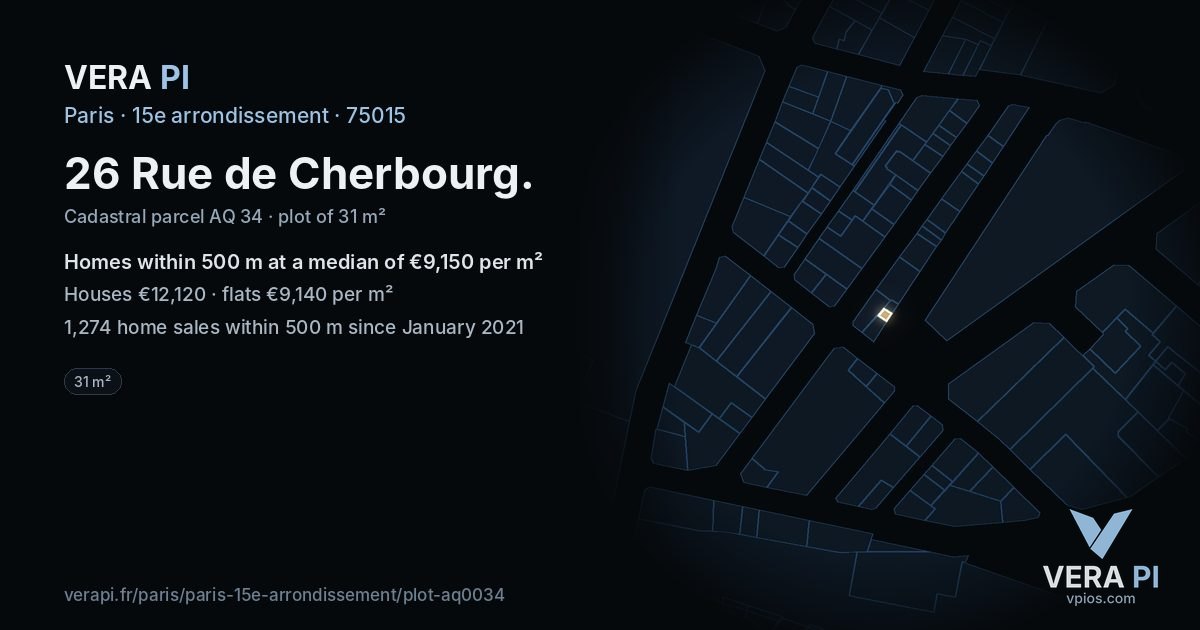 26 Rue de Cherbourg, 15e arrondissement at night – the plot lit, the parcels around coloured by the prices near them