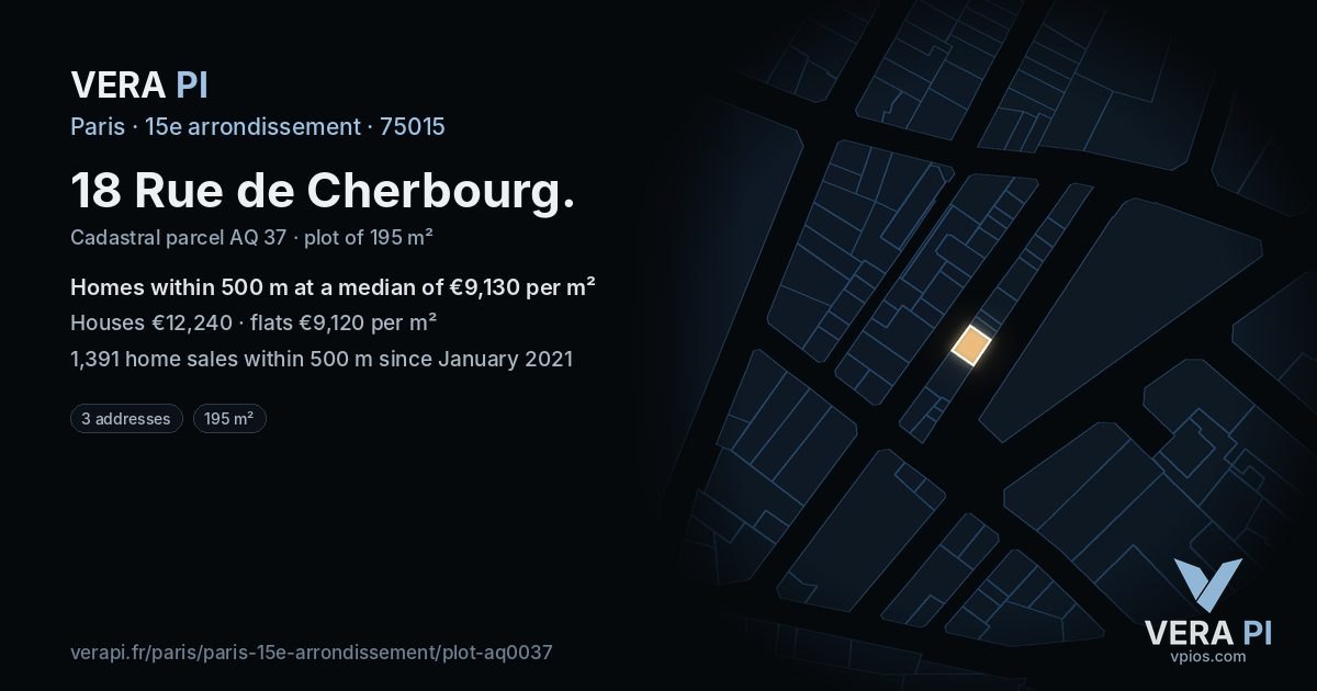 18 Rue de Cherbourg, 15e arrondissement at night – the plot lit, the parcels around coloured by the prices near them