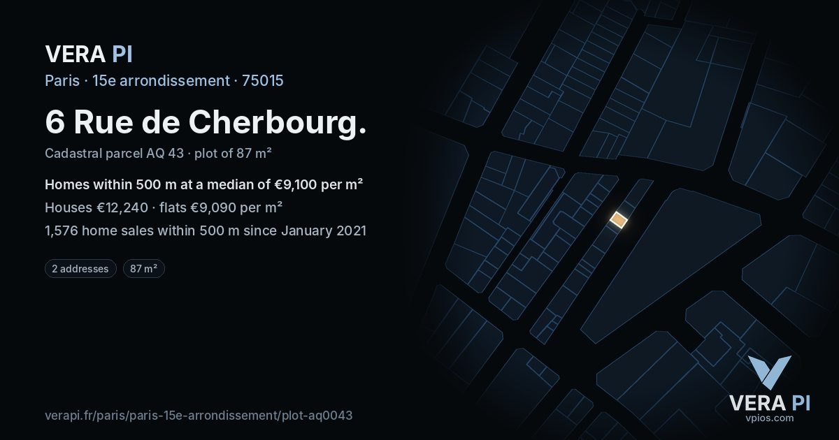 6 Rue de Cherbourg, 15e arrondissement at night – the plot lit, the parcels around coloured by the prices near them