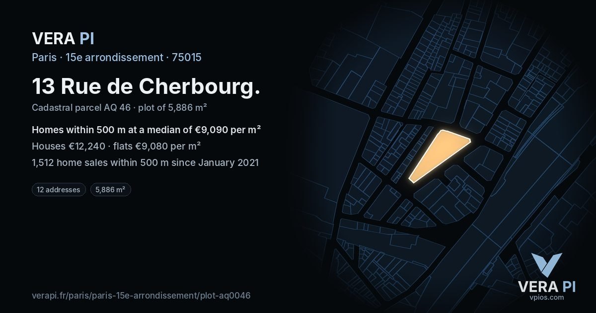 13 Rue de Cherbourg, 15e arrondissement at night – the plot lit, the parcels around coloured by the prices near them