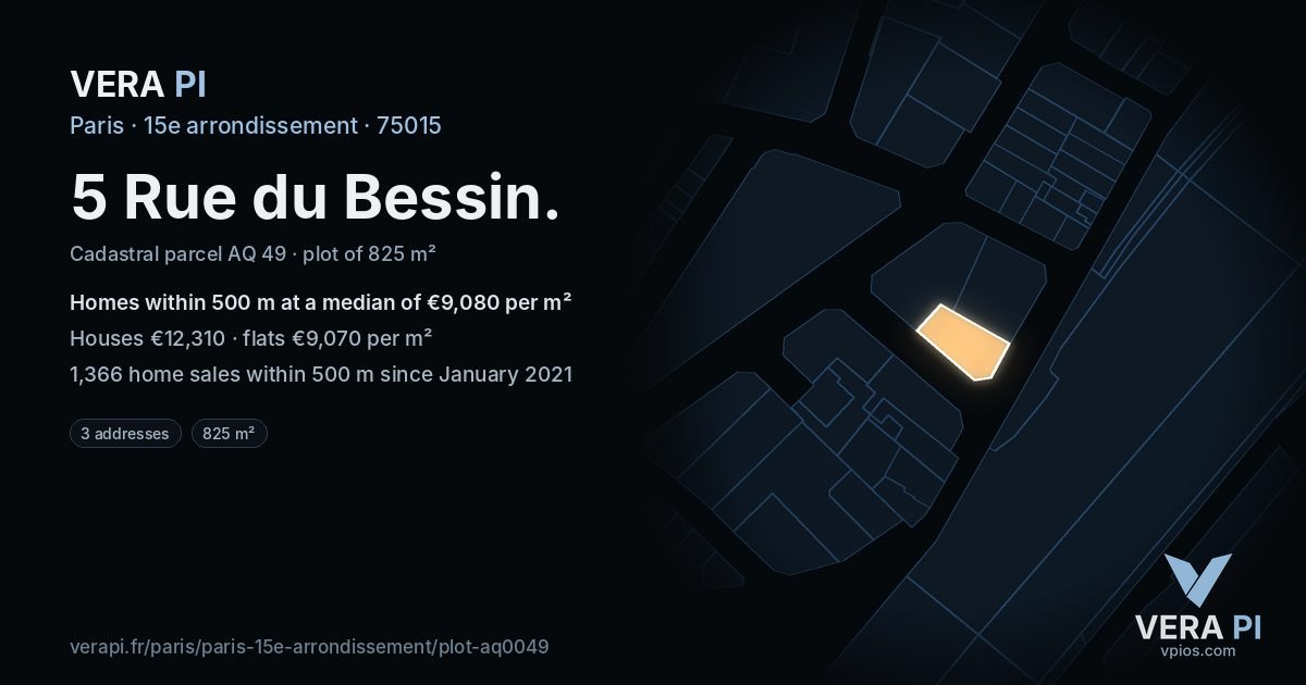 5 Rue du Bessin, 15e arrondissement at night – the plot lit, the parcels around coloured by the prices near them