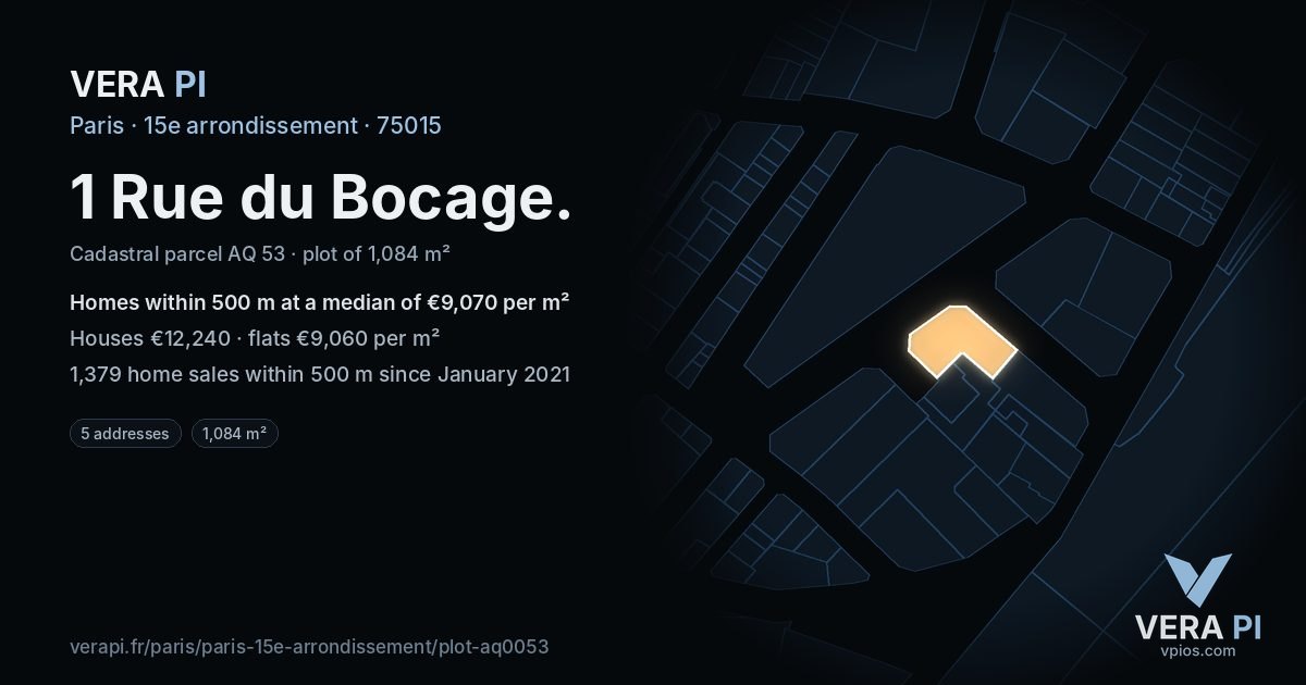 1 Rue du Bocage, 15e arrondissement at night – the plot lit, the parcels around coloured by the prices near them