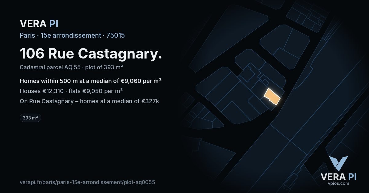 106 Rue Castagnary, 15e arrondissement at night – the plot lit, the parcels around coloured by the prices near them