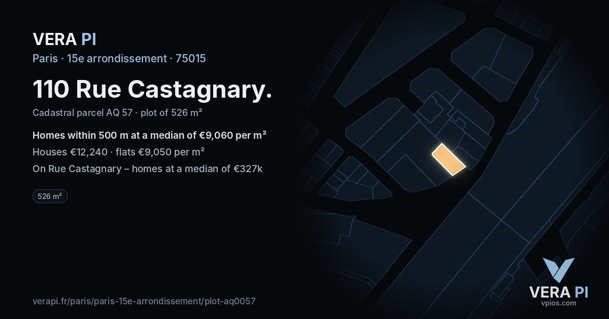 110 Rue Castagnary, 15e arrondissement at night – the plot lit, the parcels around coloured by the prices near them