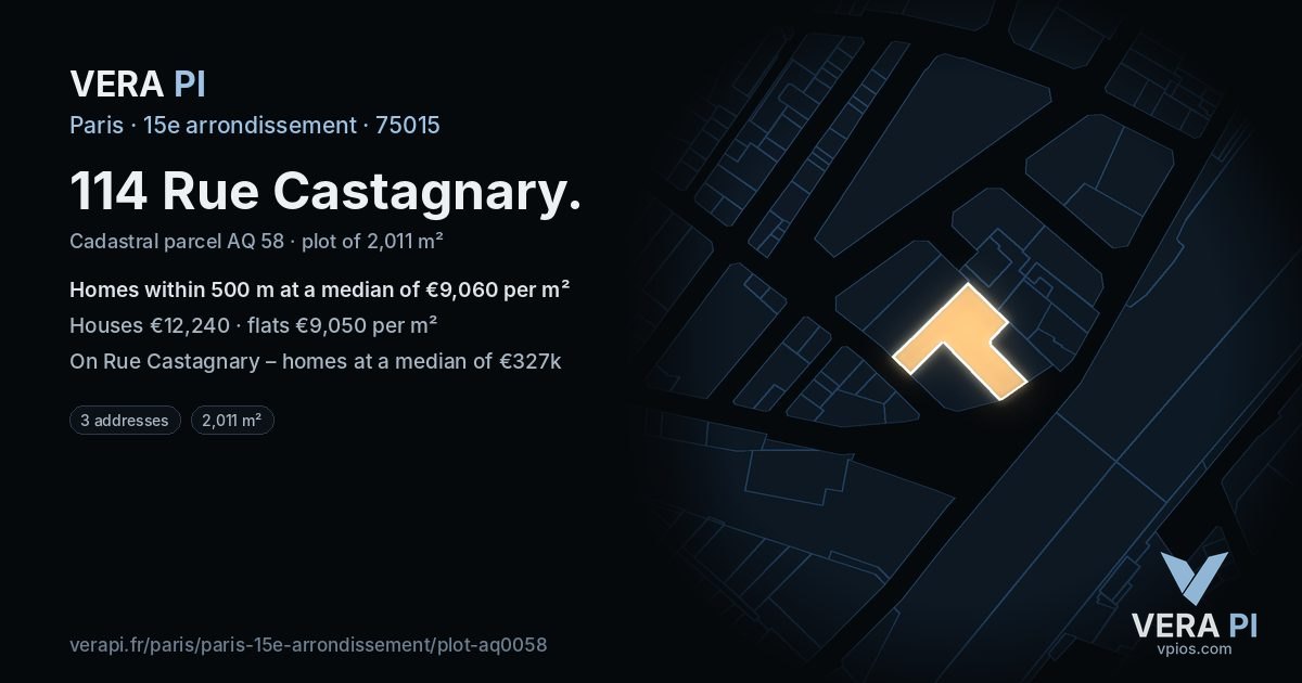 114 Rue Castagnary, 15e arrondissement at night – the plot lit, the parcels around coloured by the prices near them