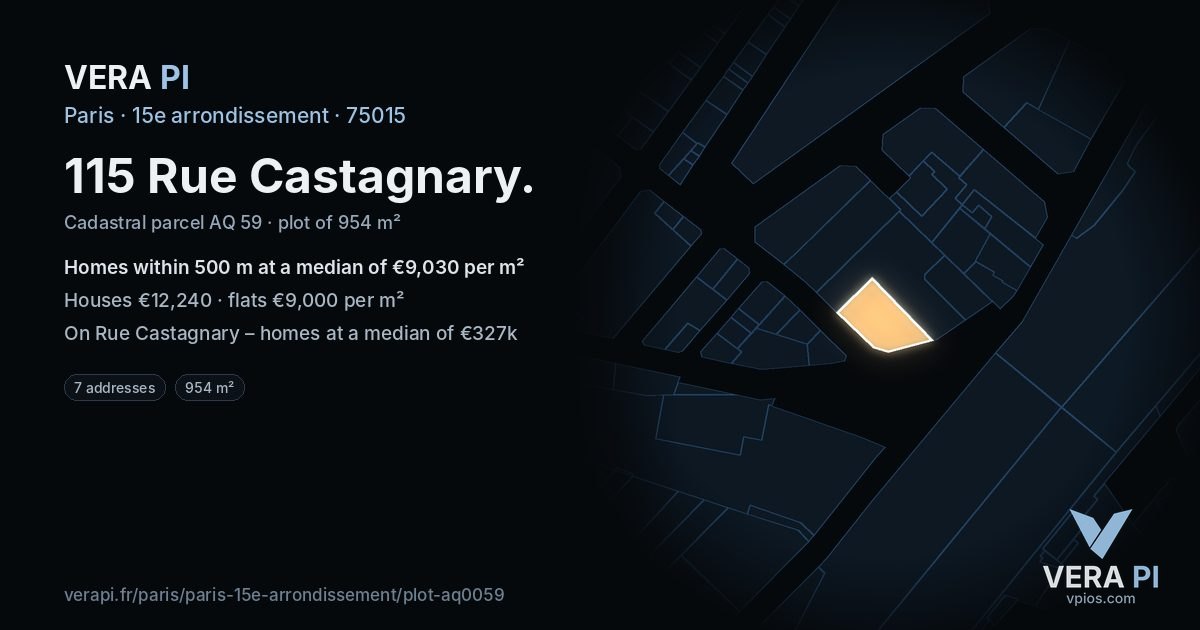 115 Rue Castagnary, 15e arrondissement at night – the plot lit, the parcels around coloured by the prices near them
