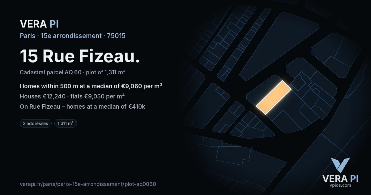 15 Rue Fizeau, 15e arrondissement at night – the plot lit, the parcels around coloured by the prices near them