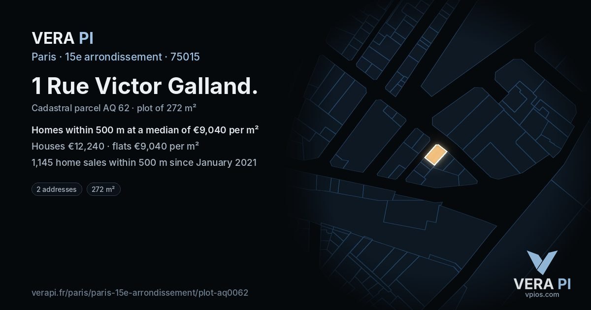 1 Rue Victor Galland, 15e arrondissement at night – the plot lit, the parcels around coloured by the prices near them