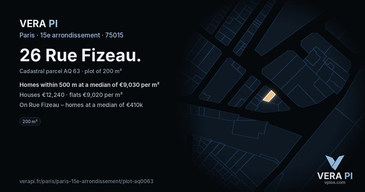 26 Rue Fizeau, 15e arrondissement at night – the plot lit, the parcels around coloured by the prices near them