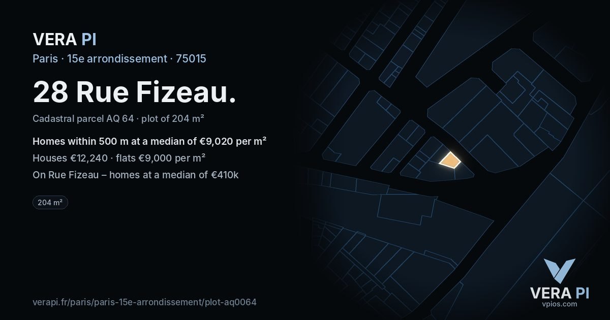 28 Rue Fizeau, 15e arrondissement at night – the plot lit, the parcels around coloured by the prices near them