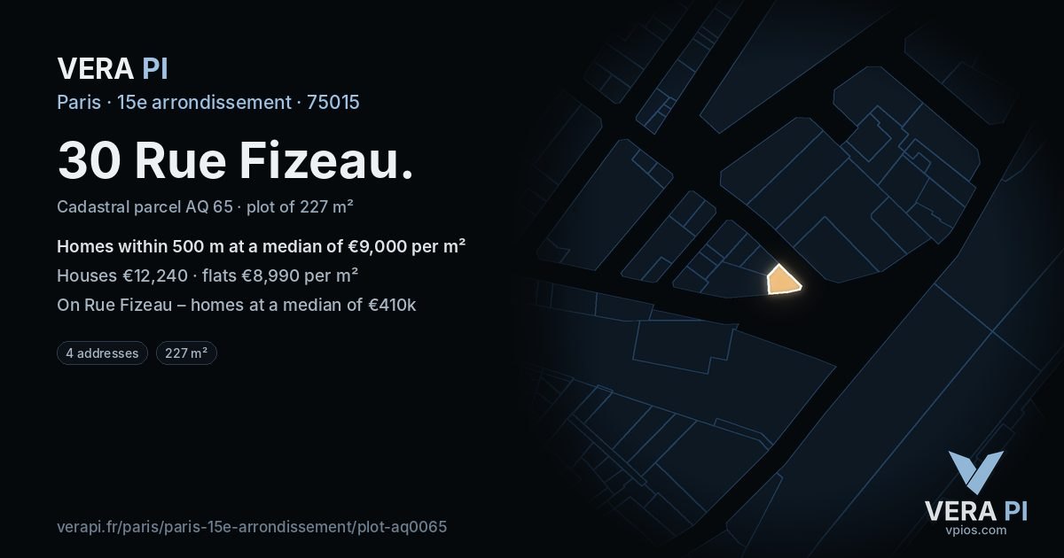 30 Rue Fizeau, 15e arrondissement at night – the plot lit, the parcels around coloured by the prices near them