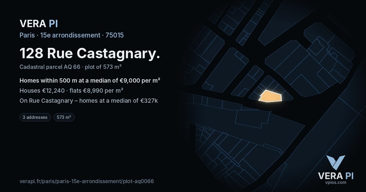 128 Rue Castagnary, 15e arrondissement at night – the plot lit, the parcels around coloured by the prices near them