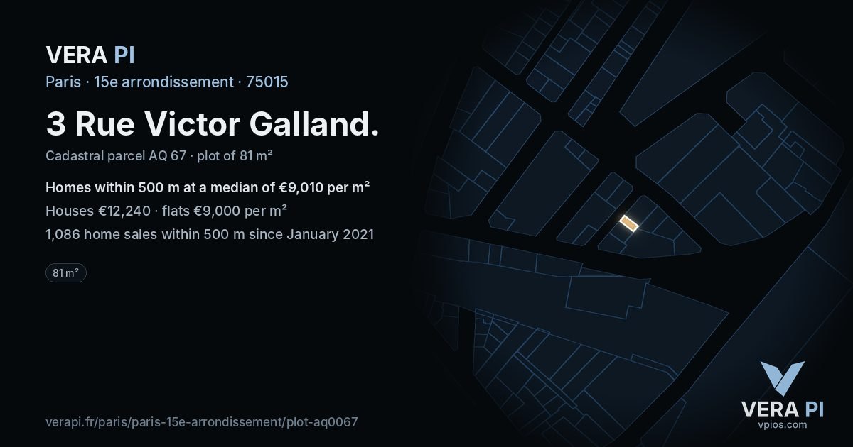 3 Rue Victor Galland, 15e arrondissement at night – the plot lit, the parcels around coloured by the prices near them