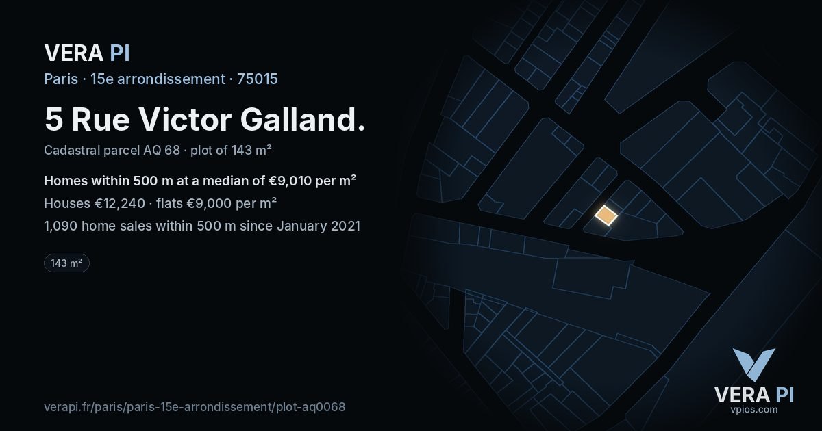 5 Rue Victor Galland, 15e arrondissement at night – the plot lit, the parcels around coloured by the prices near them
