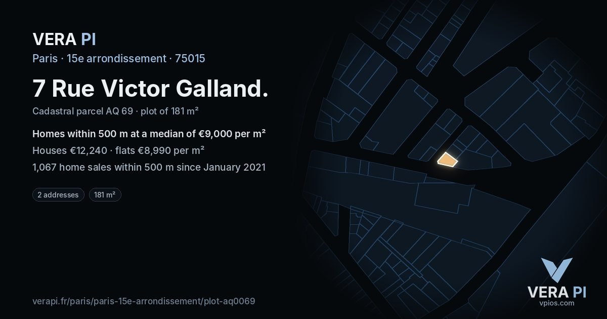 7 Rue Victor Galland, 15e arrondissement at night – the plot lit, the parcels around coloured by the prices near them