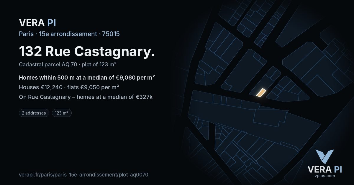 132 Rue Castagnary, 15e arrondissement at night – the plot lit, the parcels around coloured by the prices near them