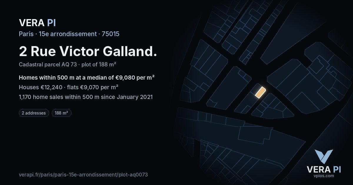 2 Rue Victor Galland, 15e arrondissement at night – the plot lit, the parcels around coloured by the prices near them