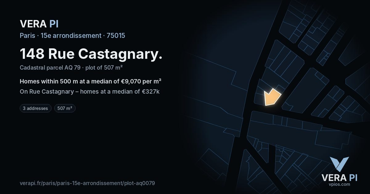 148 Rue Castagnary, 15e arrondissement at night – the plot lit, the parcels around coloured by the prices near them