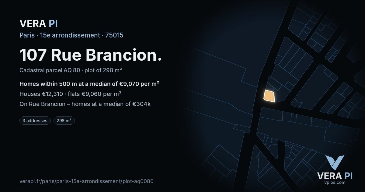 107 Rue Brancion, 15e arrondissement at night – the plot lit, the parcels around coloured by the prices near them